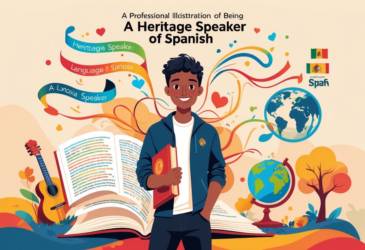 A confident young person surrounded by symbols of Spanish language and culture, including a book, guitar, family tree, and globe.